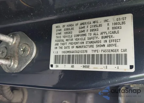 2007 Honda Accord 2.4 Lx from USA, damaged, VIN 1HGCM564X7A210376